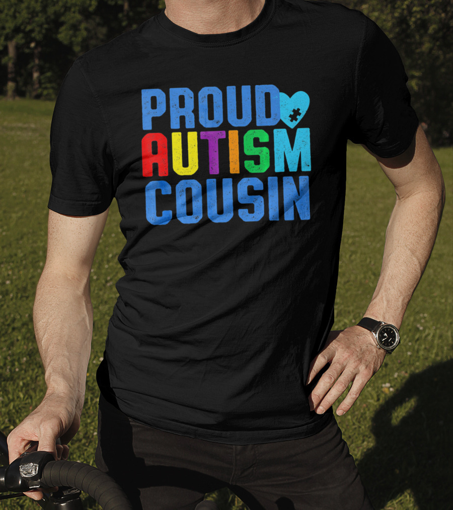 Proud Autism Cousin Family Support Rainbow Puzzle Heart T-Shirt