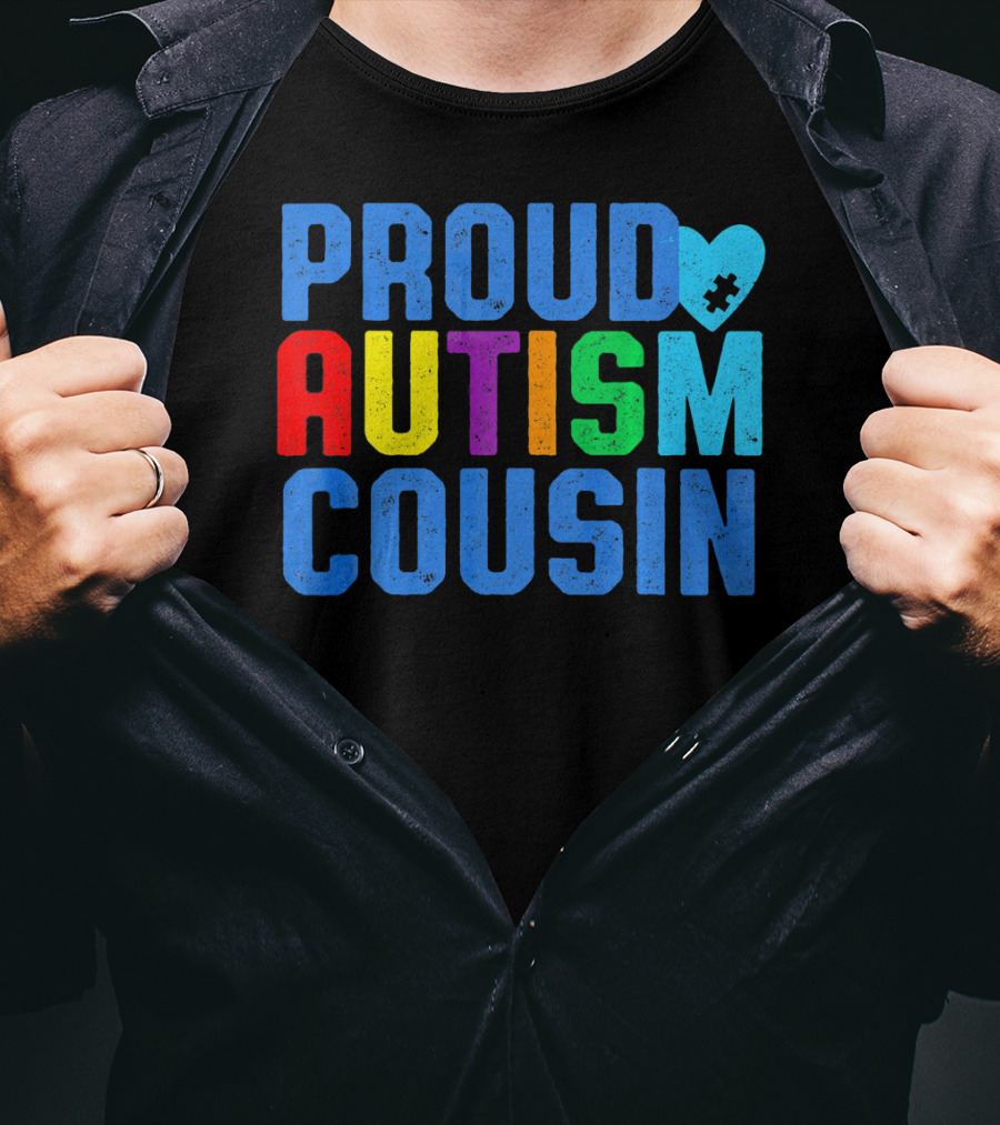 Proud Autism Cousin Family Support Rainbow Puzzle Heart T-Shirt