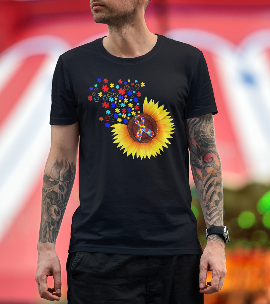 Sunflower Autism Awareness Ribbon With Colorful Puzzle Pieces T-Shirt