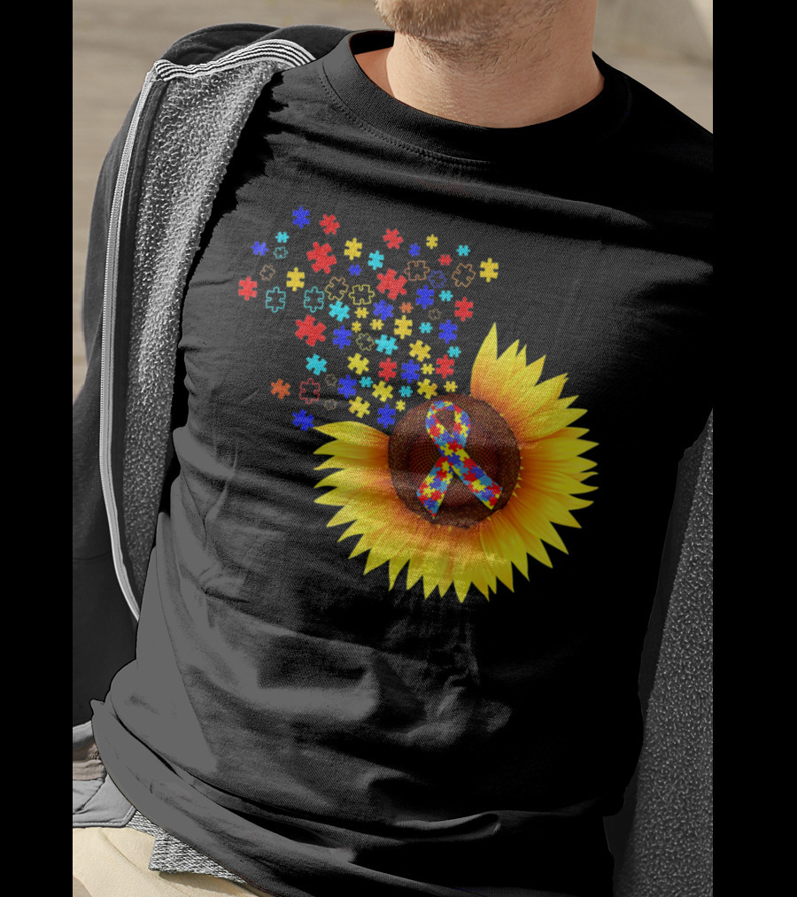 Sunflower Autism Awareness Ribbon With Colorful Puzzle Pieces T-Shirt
