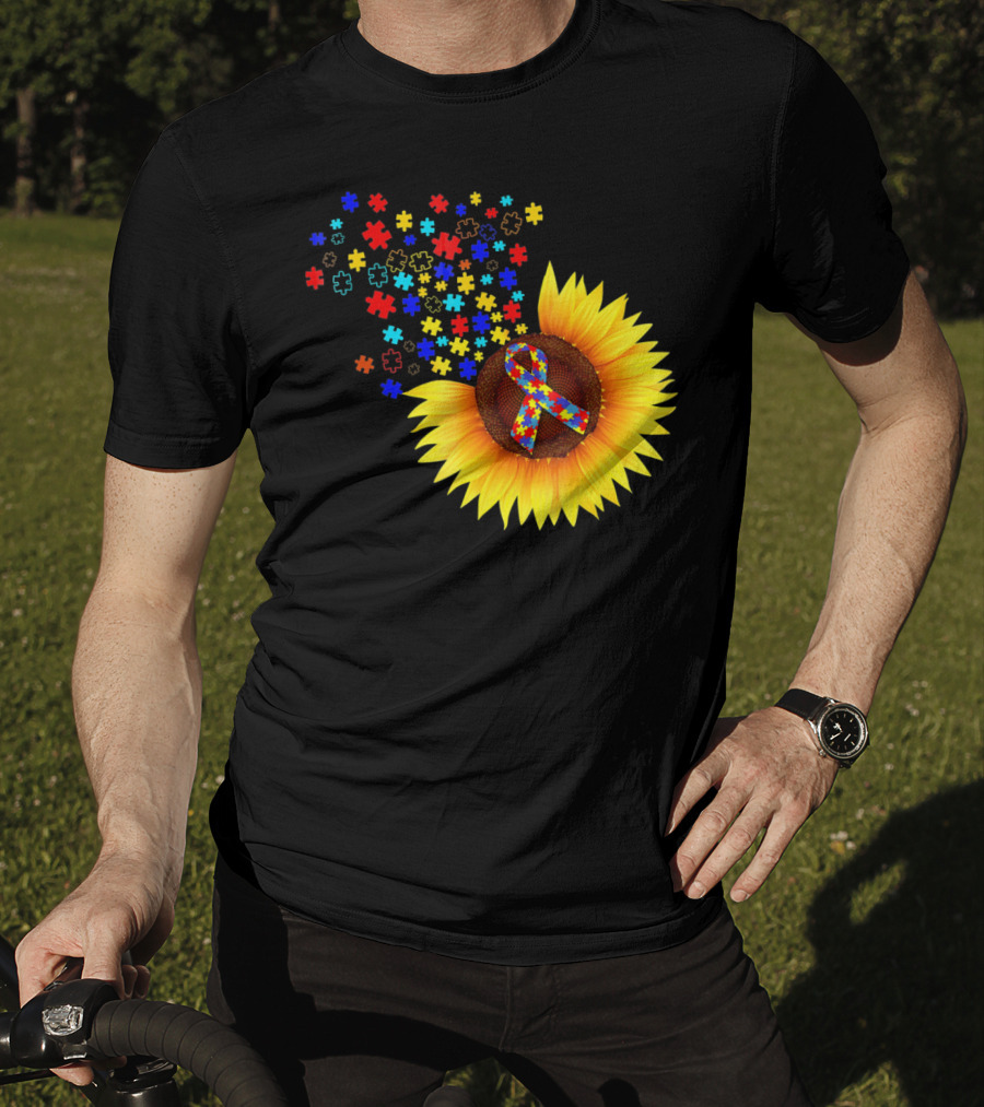 Sunflower Autism Awareness Ribbon With Colorful Puzzle Pieces T-Shirt