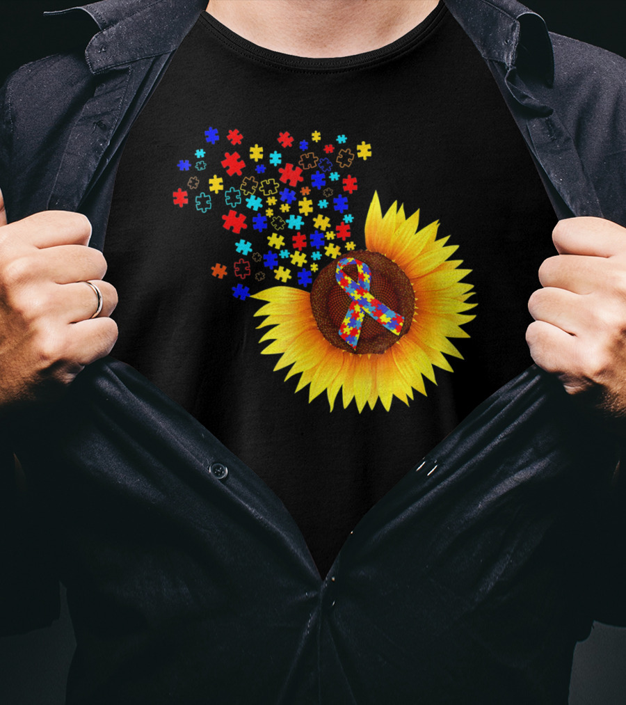 Sunflower Autism Awareness Ribbon With Colorful Puzzle Pieces T-Shirt