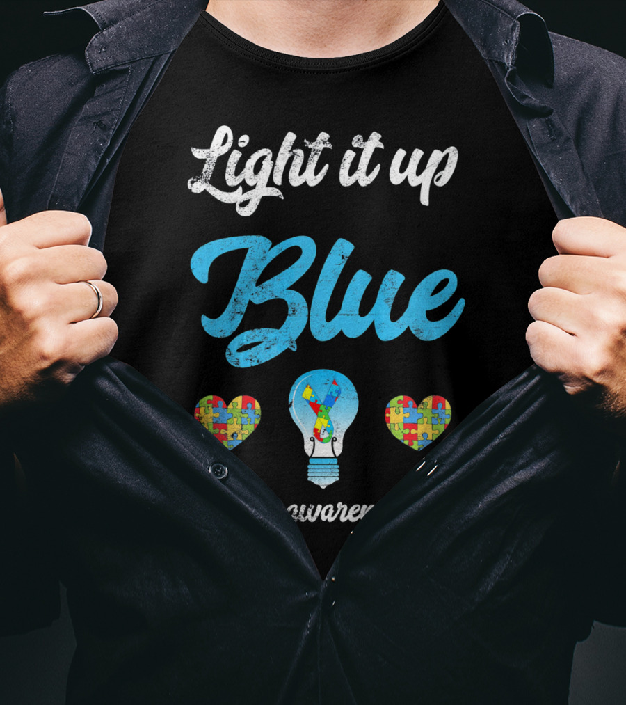 Light It Up Blue Autism Awareness Day Puzzle Hearts Lightbulb T-Shirt