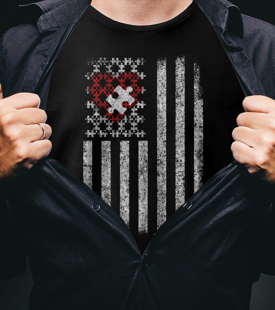 American Flag Heart Puzzle Autism T-Shirt