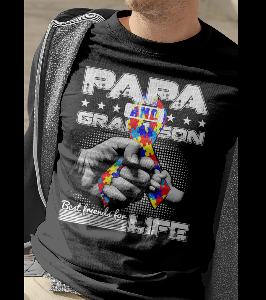 Papa And Grandson Best Friends For Life Puzzle Ribbon Hands T-Shirt