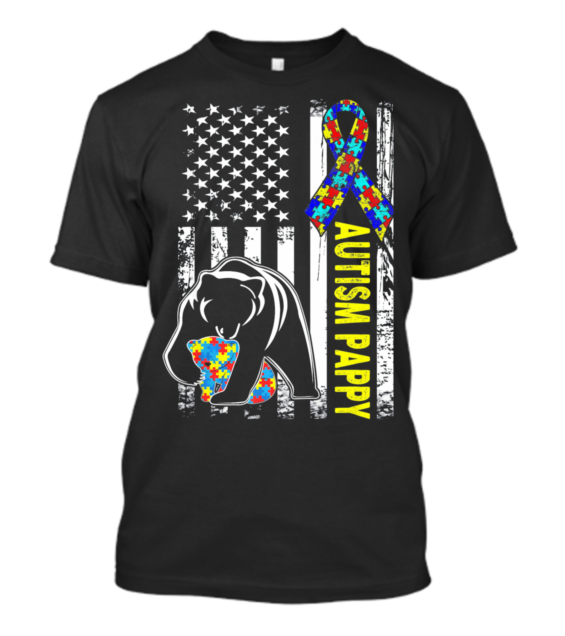 Autism Pappy American Flag Bear Ribbon Puzzle Awareness T-Shirt