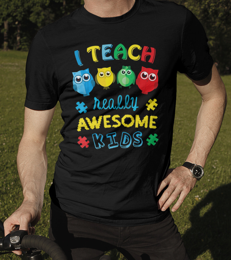 I Teach Really Awesome Kids Autism Teacher Awareness Cute Owl T-Shirt