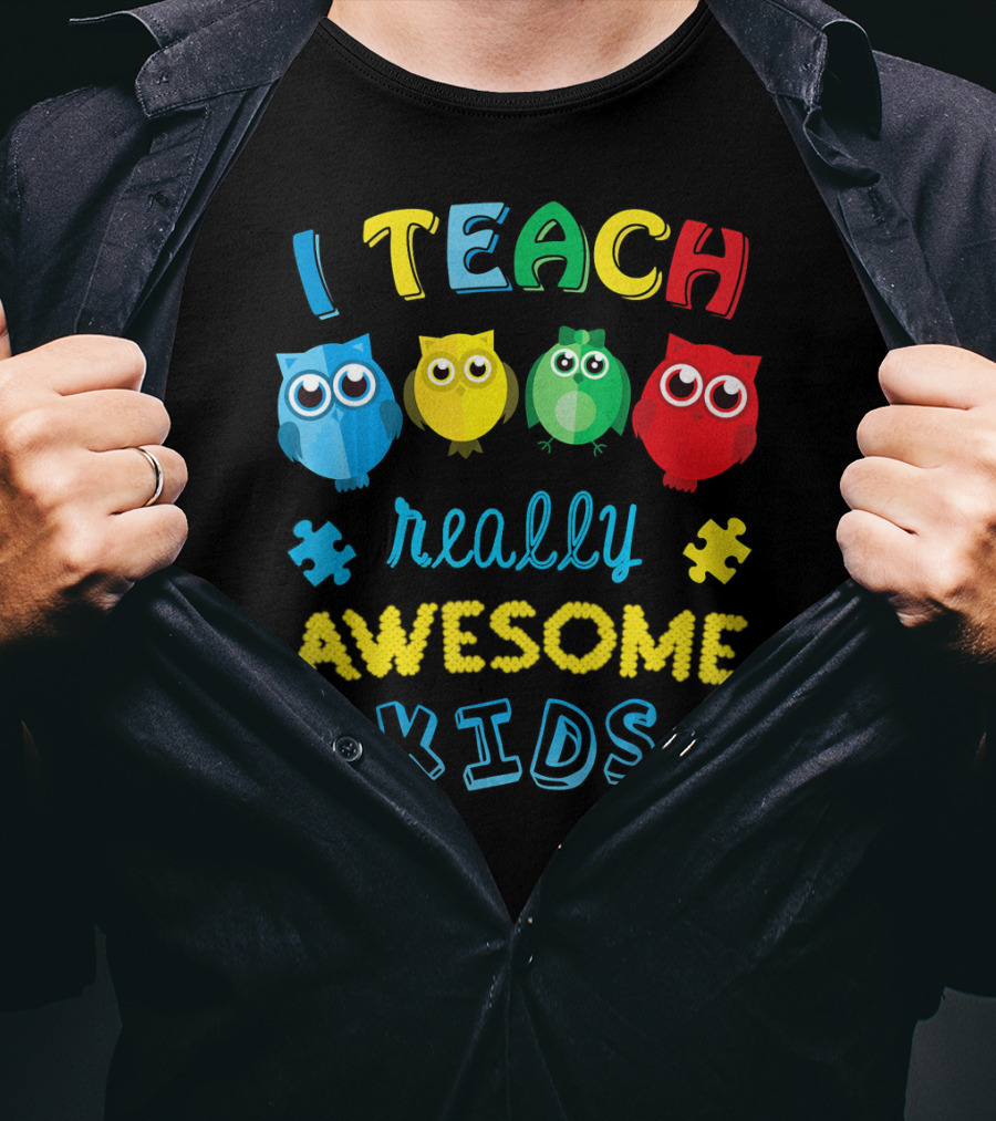 I Teach Really Awesome Kids Autism Teacher Awareness Cute Owl T-Shirt