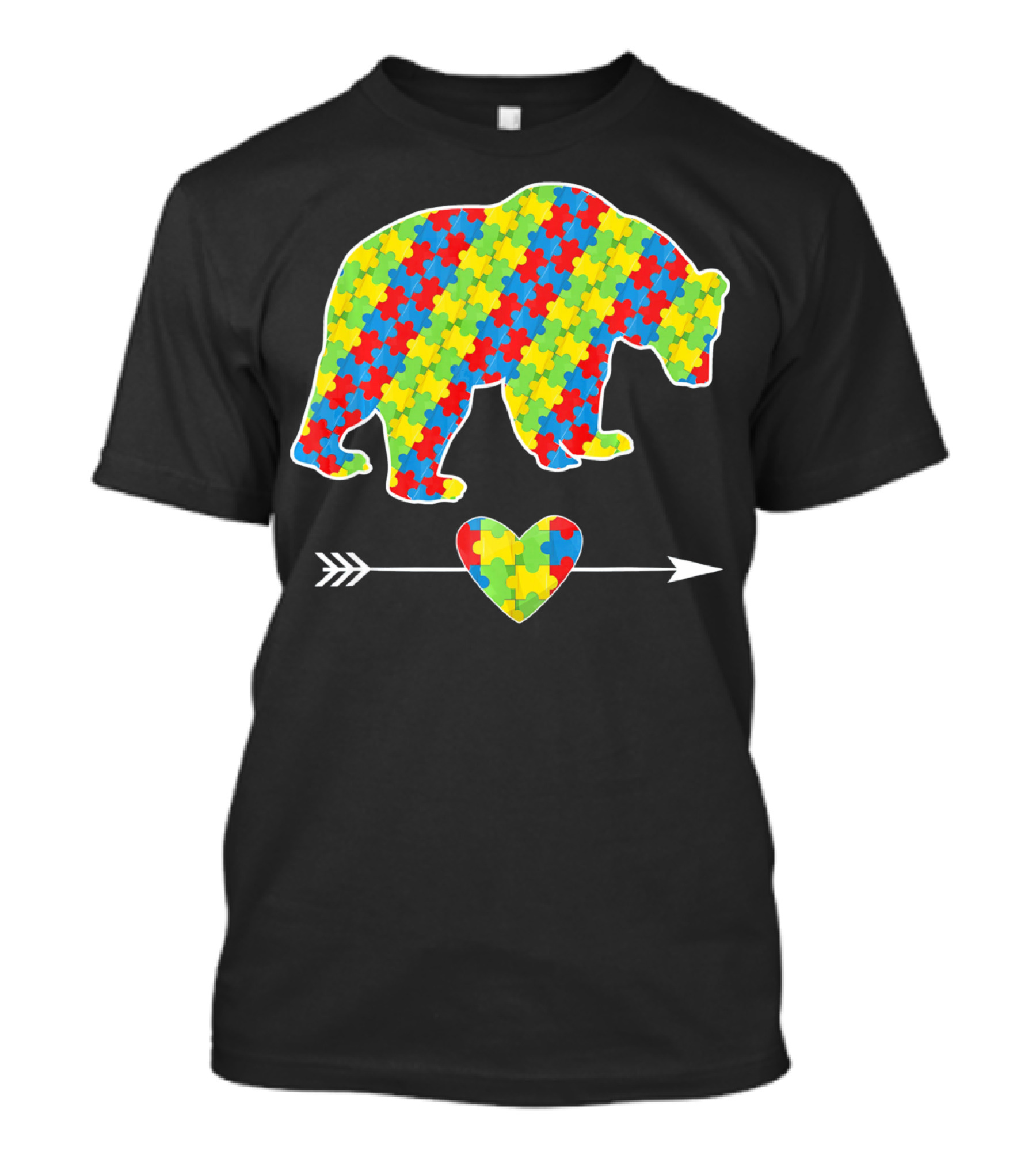 Bear With Puzzle Pieces And Arrow Heart Autism Awareness T-Shirt