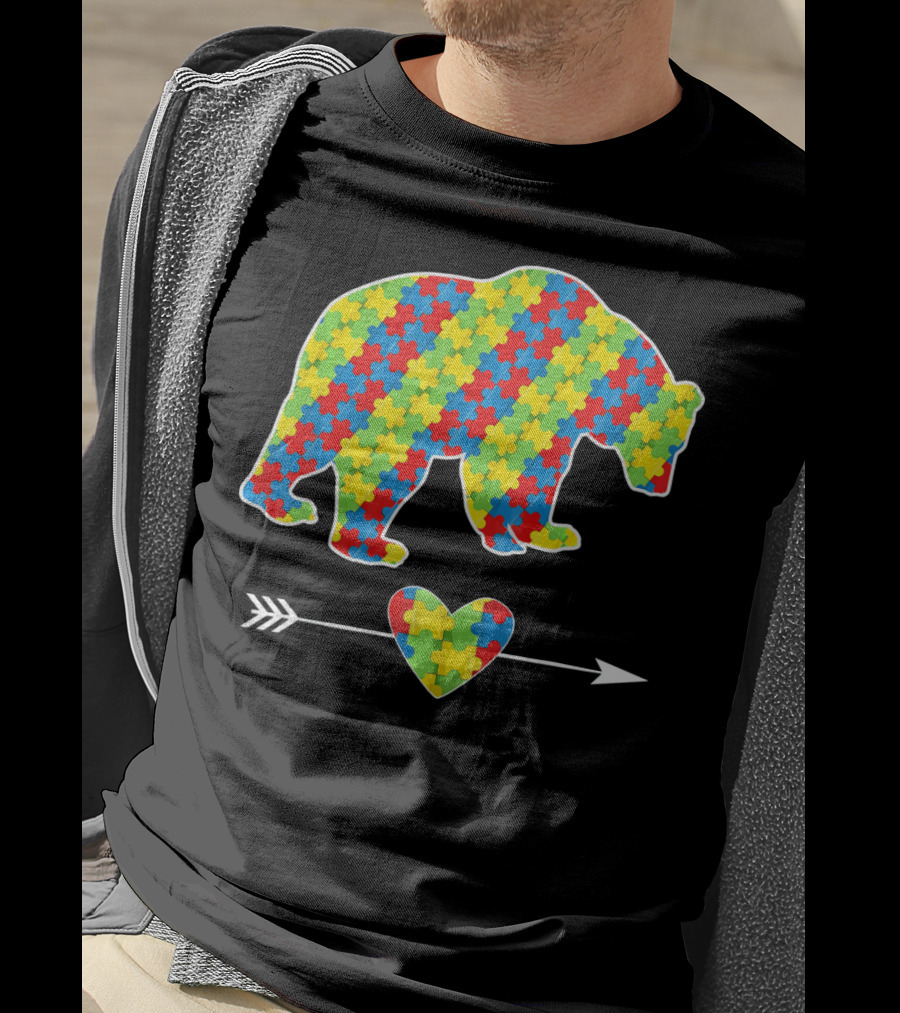 Bear With Puzzle Pieces And Arrow Heart Autism Awareness T-Shirt
