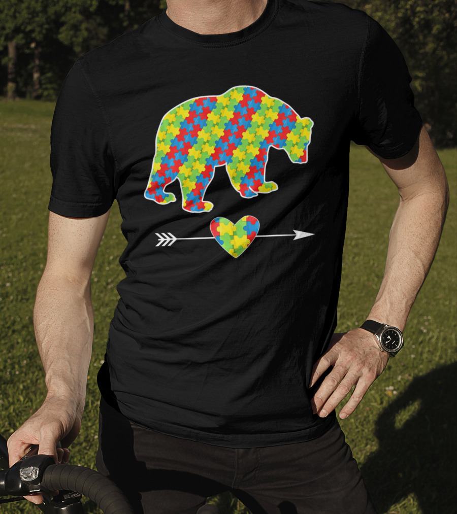 Bear With Puzzle Pieces And Arrow Heart Autism Awareness T-Shirt