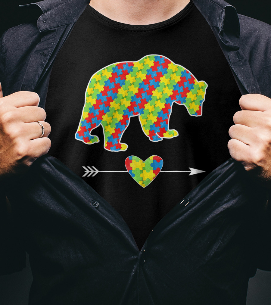Bear With Puzzle Pieces And Arrow Heart Autism Awareness T-Shirt