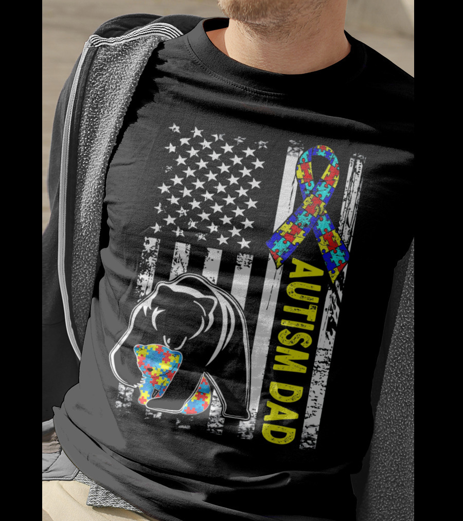 Autism Dad Awareness Bear American Flag Puzzle T-Shirt