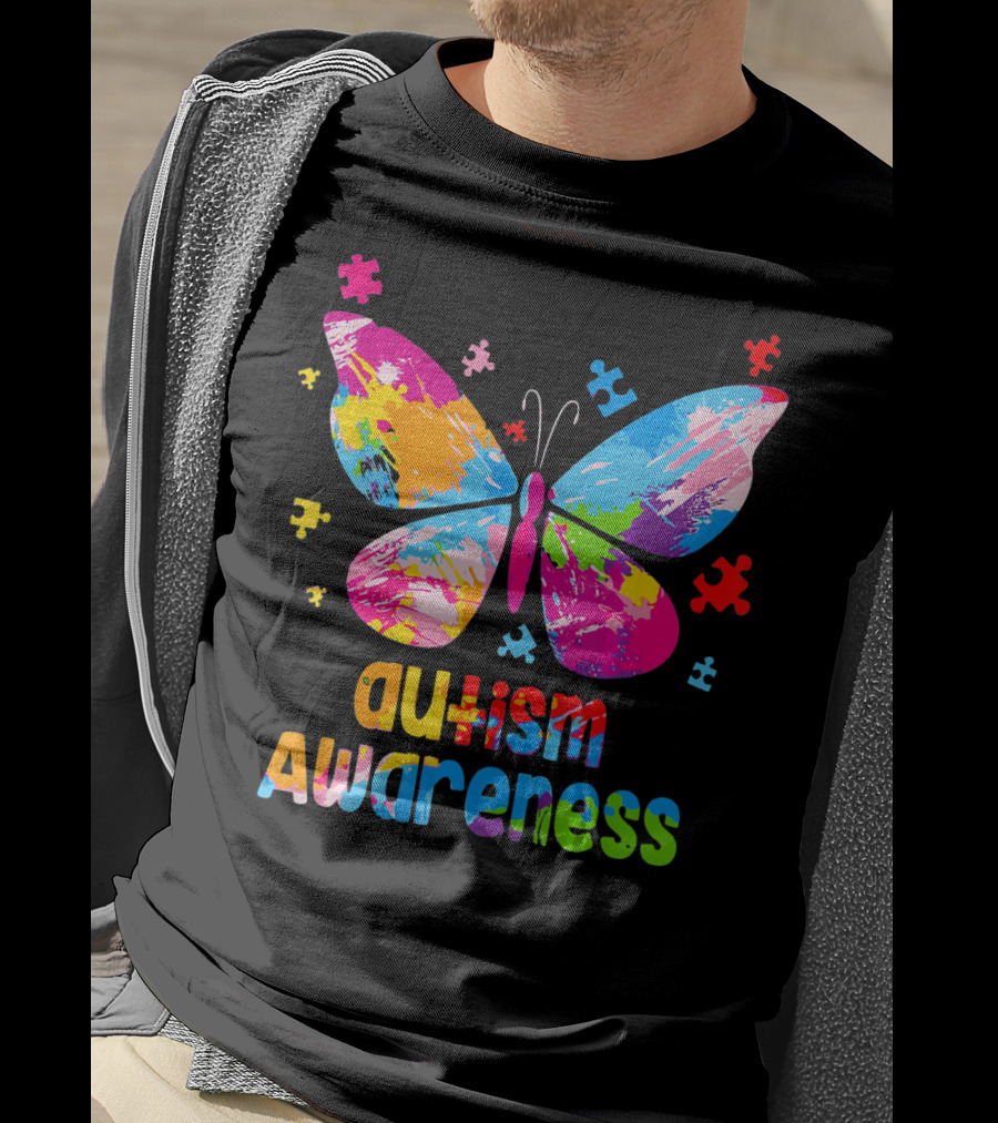 Colorful Butterfly Autism Awareness Puzz Puzzle Pieces T-Shirt