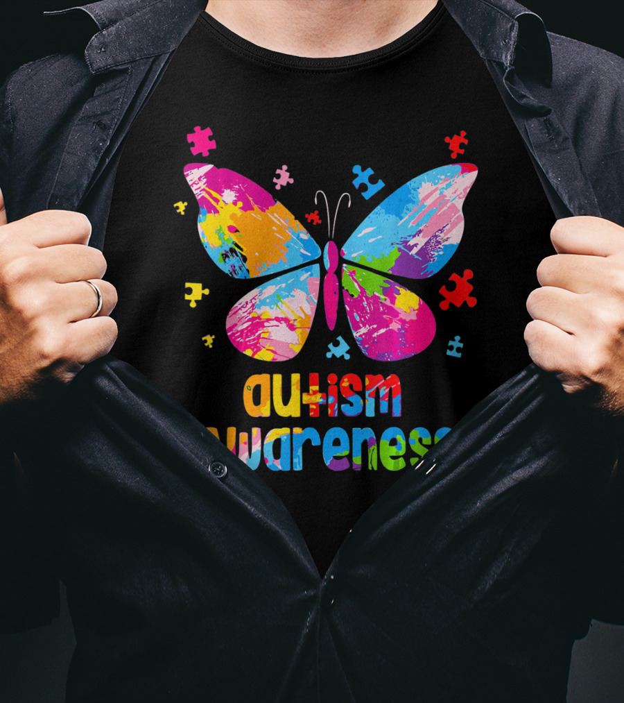 Colorful Butterfly Autism Awareness Puzz Puzzle Pieces T-Shirt