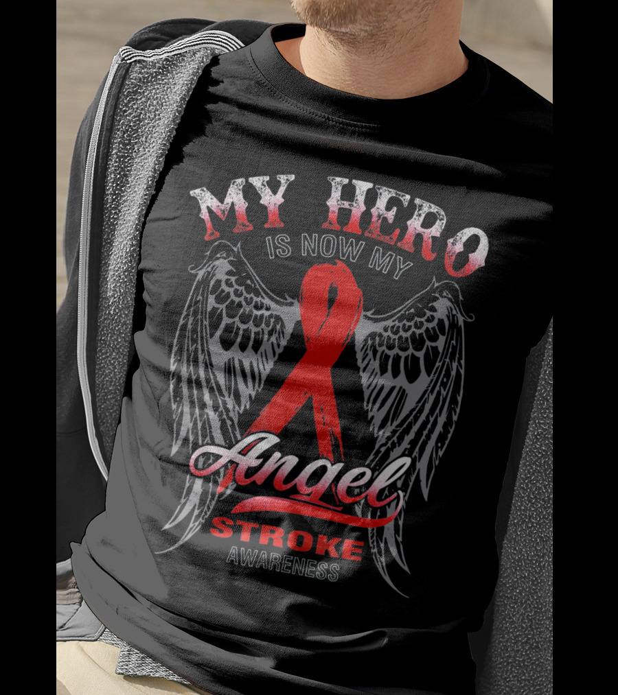 My Hero Is Now My Angel Stroke Awareness Wings Red Ribbon T-Shirt