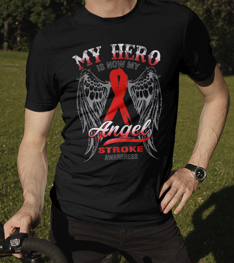My Hero Is Now My Angel Stroke Awareness Wings Red Ribbon T-Shirt