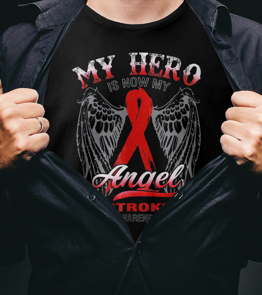 My Hero Is Now My Angel Stroke Awareness Wings Red Ribbon T-Shirt