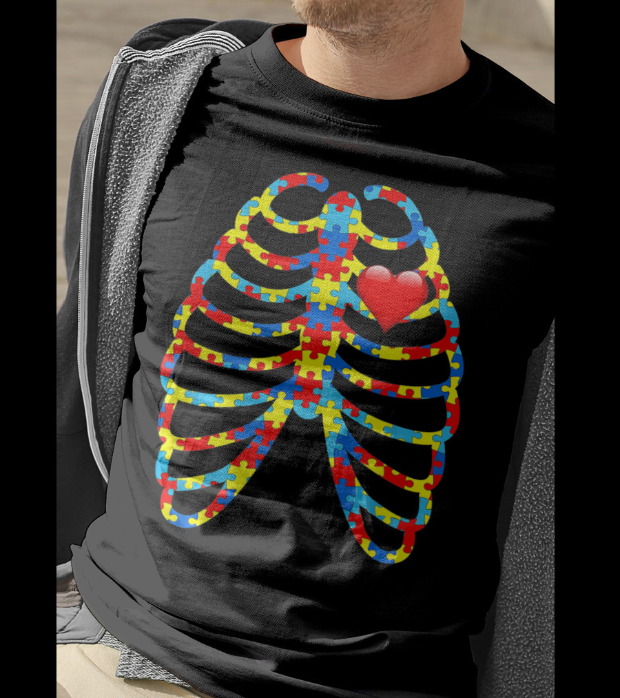 Colorful Puzzle Skeleton Rib Cage Autism Awareness Heart T-Shirt