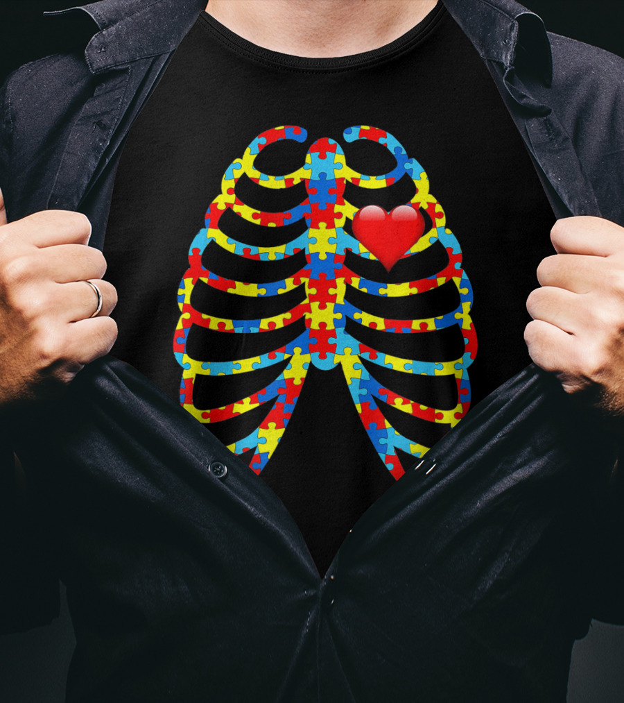Colorful Puzzle Skeleton Rib Cage Autism Awareness Heart T-Shirt