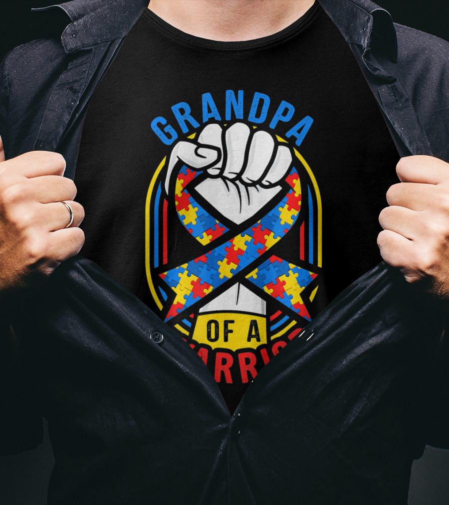 Grandpa Of A Warrior Autism Awareness Puzzle Ribbon Fist T-Shirt