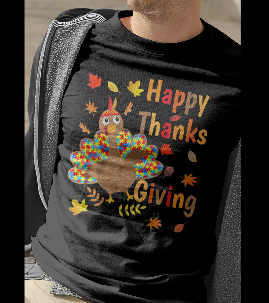 Happy Thanksgiving Turkey Autism Awareness Puzzle Piece Leaves T-Shirt
