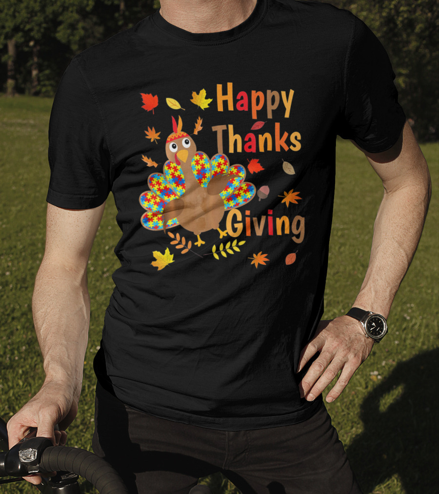 Happy Thanksgiving Turkey Autism Awareness Puzzle Piece Leaves T-Shirt