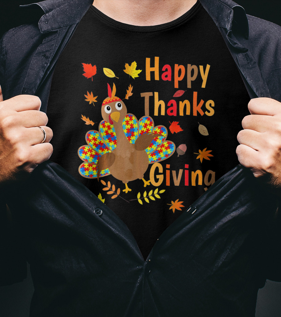 Happy Thanksgiving Turkey Autism Awareness Puzzle Piece Leaves T-Shirt