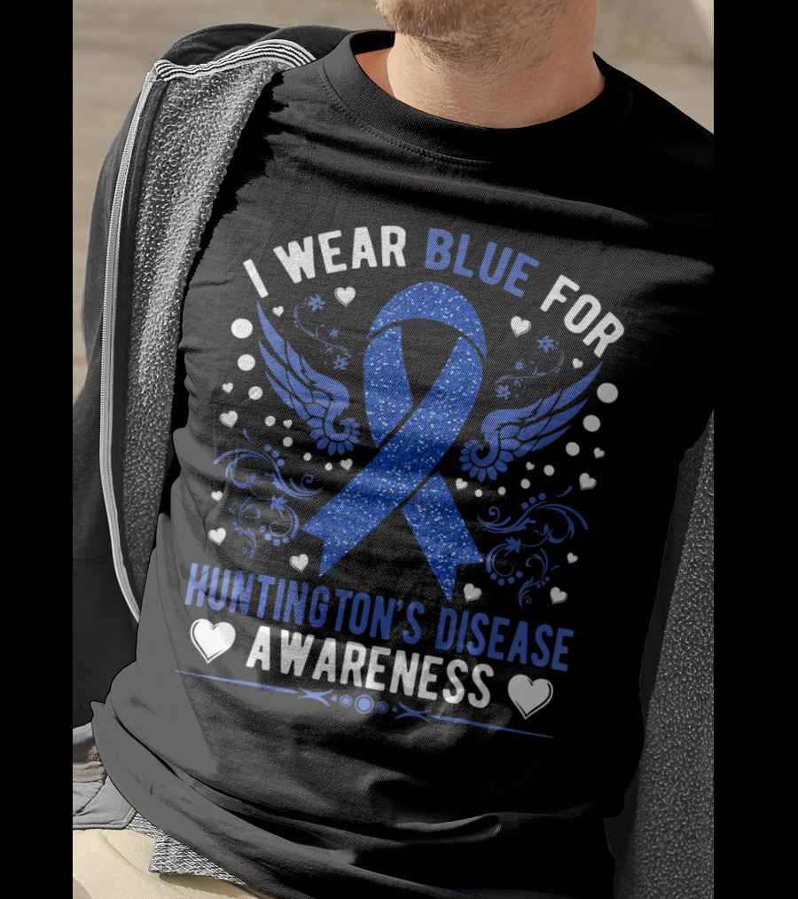 I Wear Blue For Huntington's Disease Awareness Ribbon Wings Hearts T-Shirt