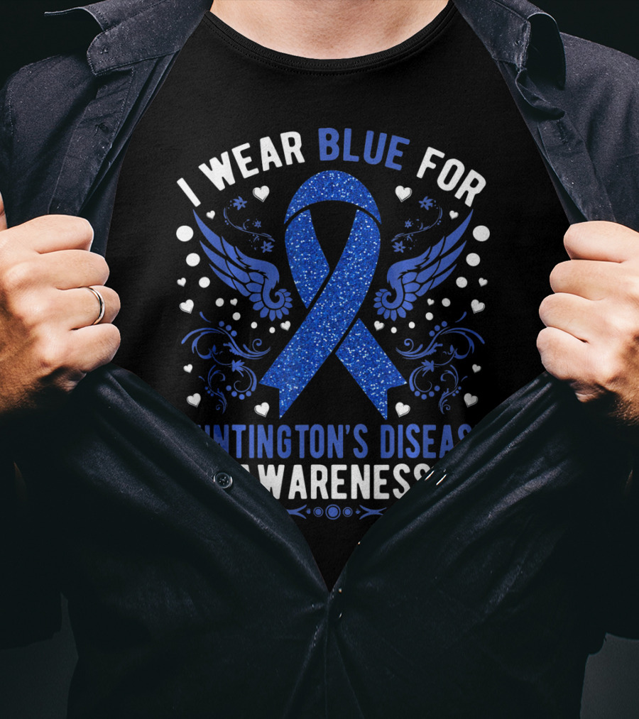 I Wear Blue For Huntington's Disease Awareness Ribbon Wings Hearts T-Shirt