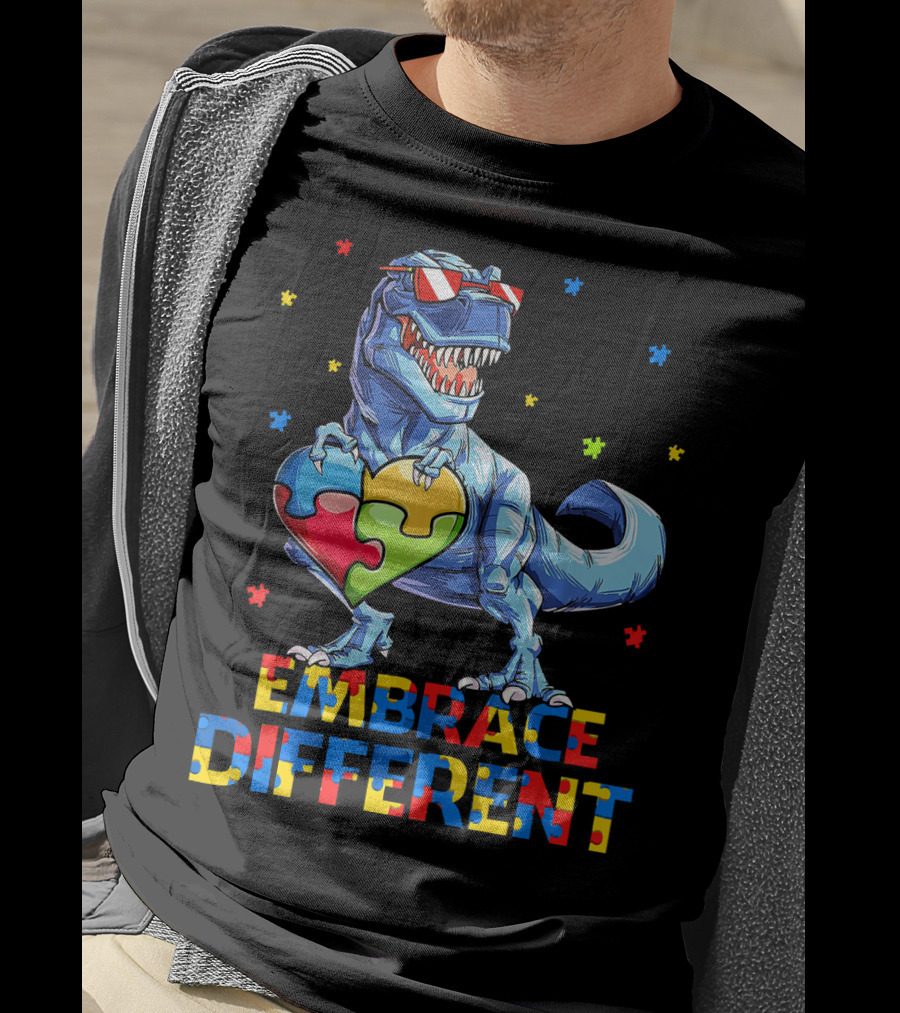 T Rex Embrace Different Autism Awareness Puzzle Heart T-Shirt