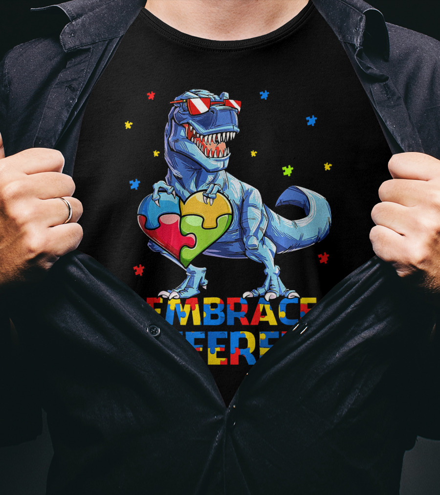 T Rex Embrace Different Autism Awareness Puzzle Heart T-Shirt