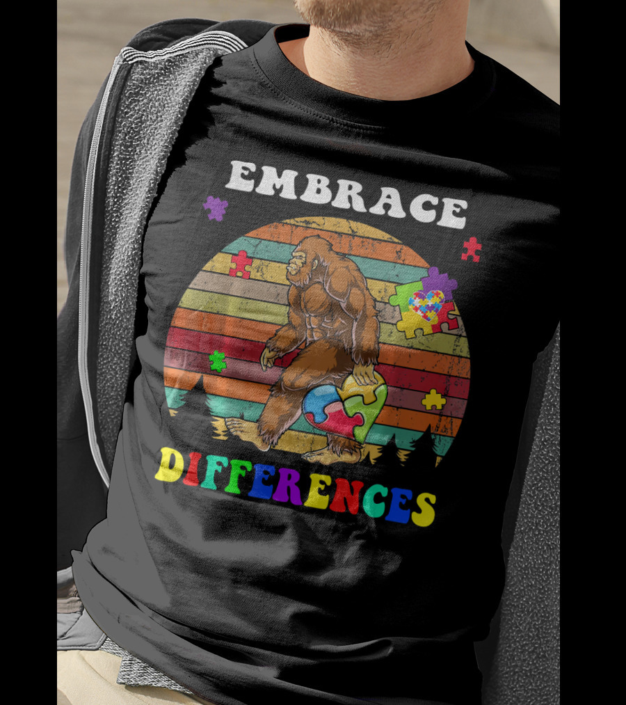Embrace Differences Autism Awareness Bigfoot With Puzzle Pieces T-Shirt