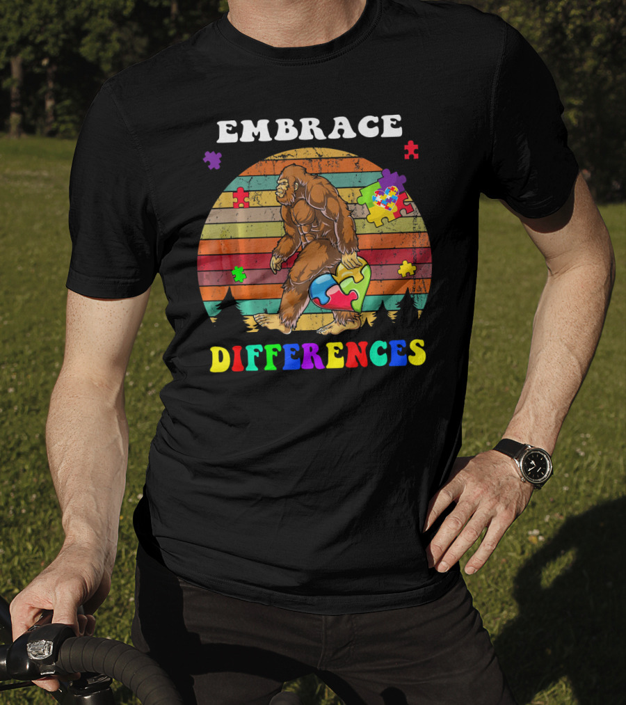 Embrace Differences Autism Awareness Bigfoot With Puzzle Pieces T-Shirt