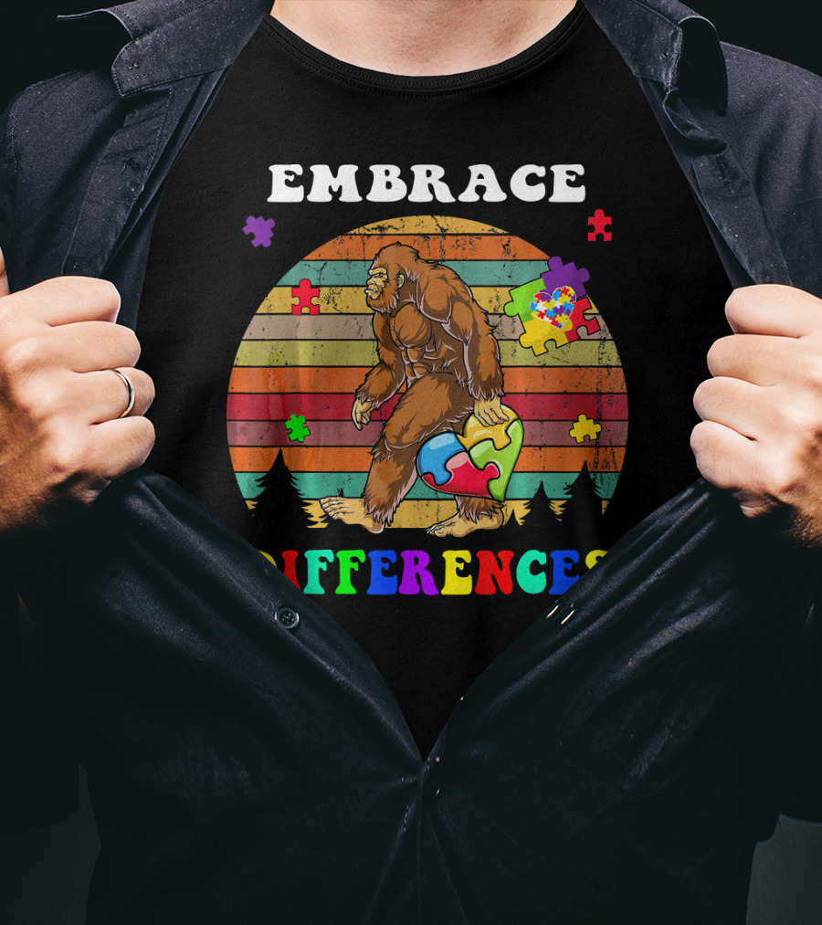 Embrace Differences Autism Awareness Bigfoot With Puzzle Pieces T-Shirt