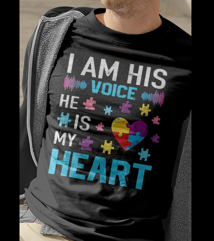 I Am His Voice He Is My Heart Puzzle Heart Autism Awareness T-Shirt