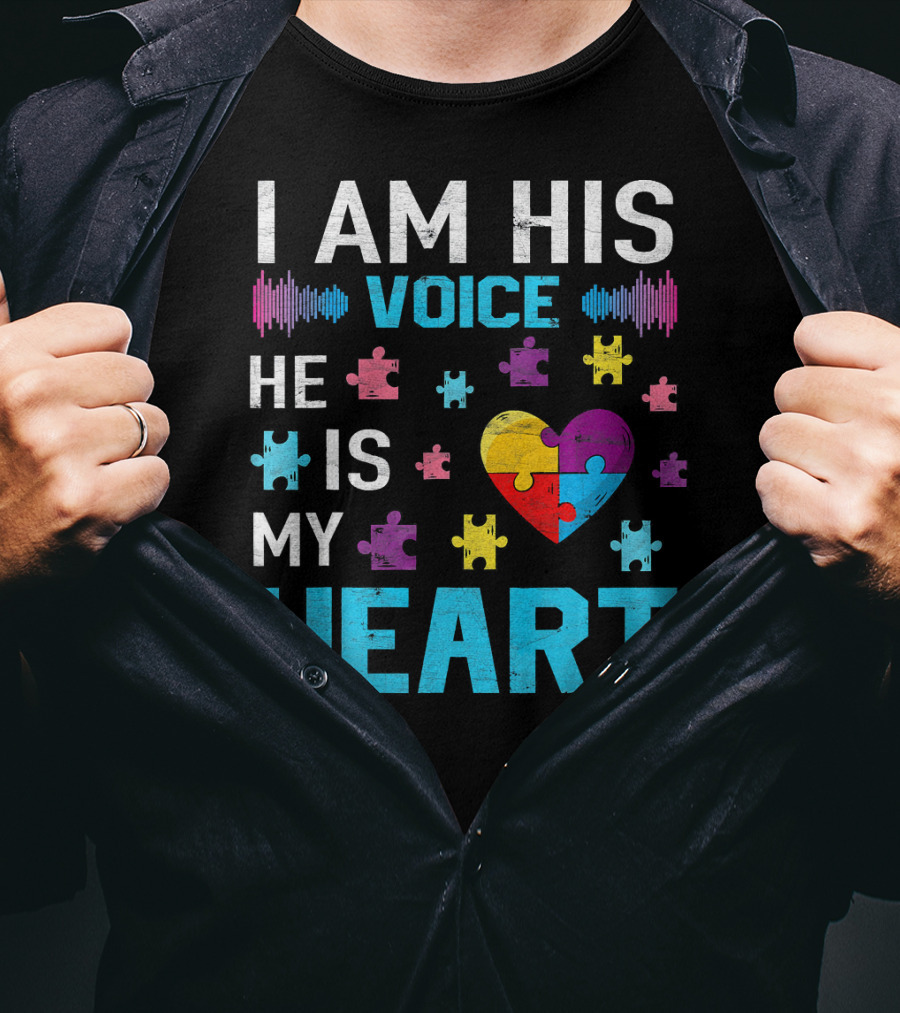 I Am His Voice He Is My Heart Puzzle Heart Autism Awareness T-Shirt
