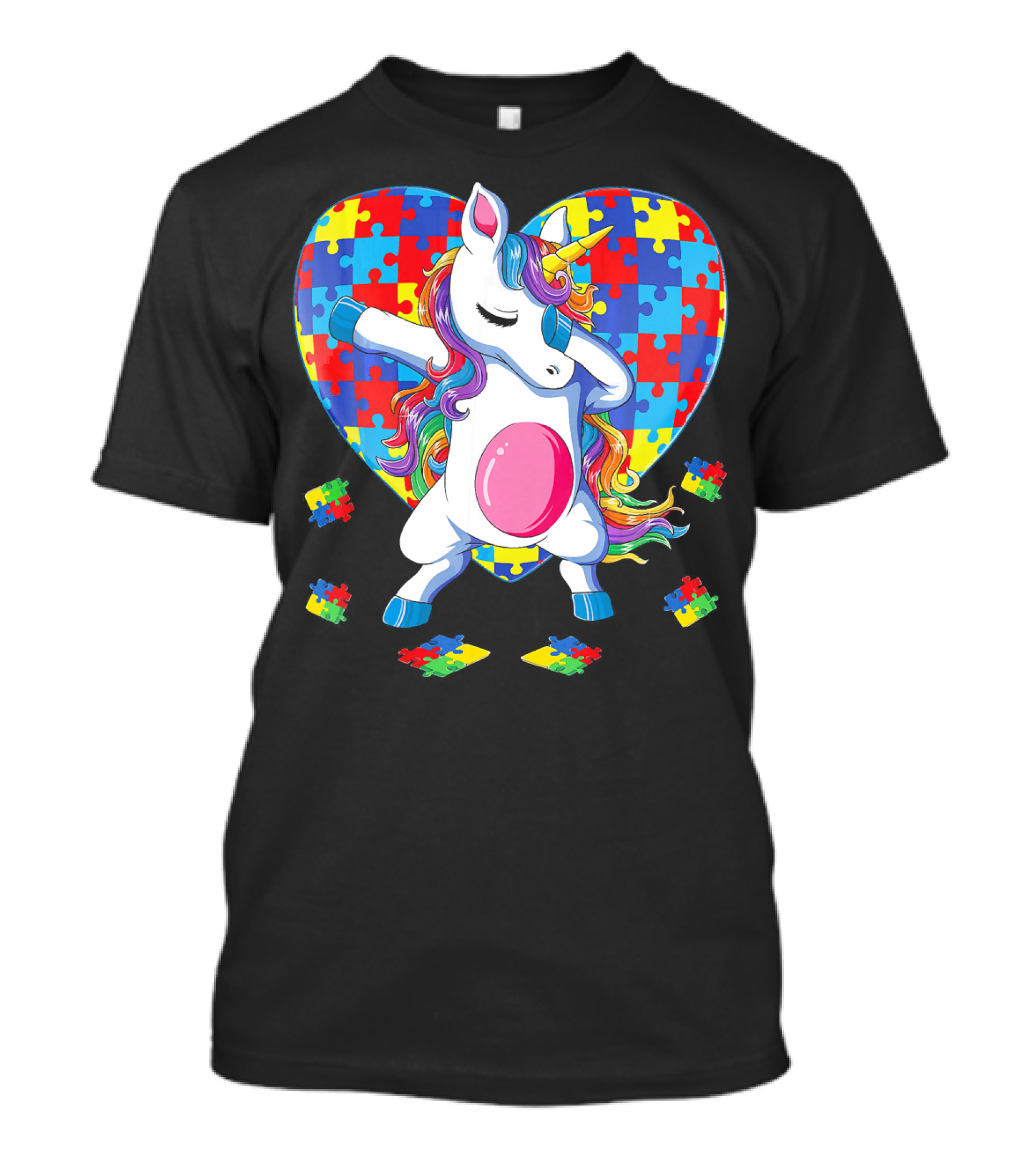 Dabbing Unicorn With Autism Awareness Puzzle Heart T-Shirt