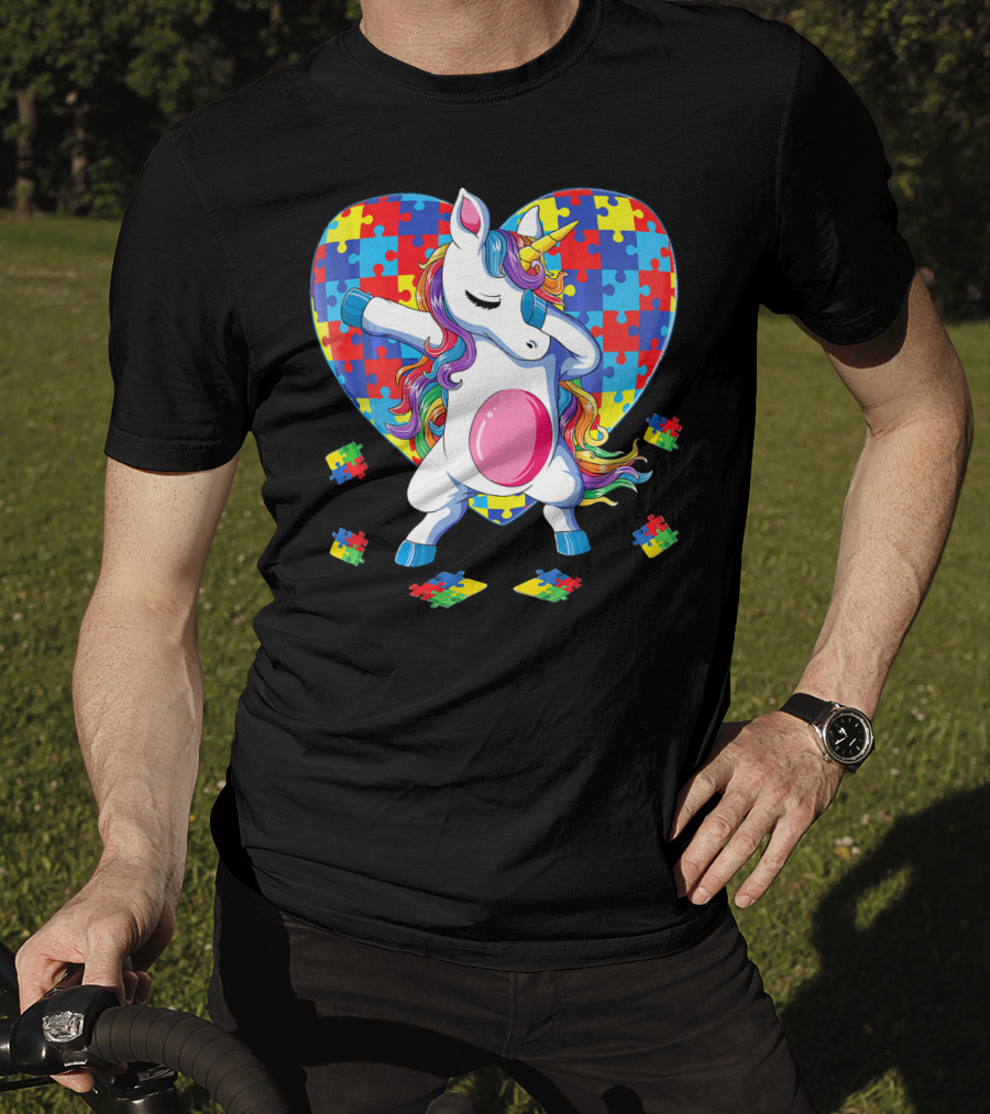 Dabbing Unicorn With Autism Awareness Puzzle Heart T-Shirt