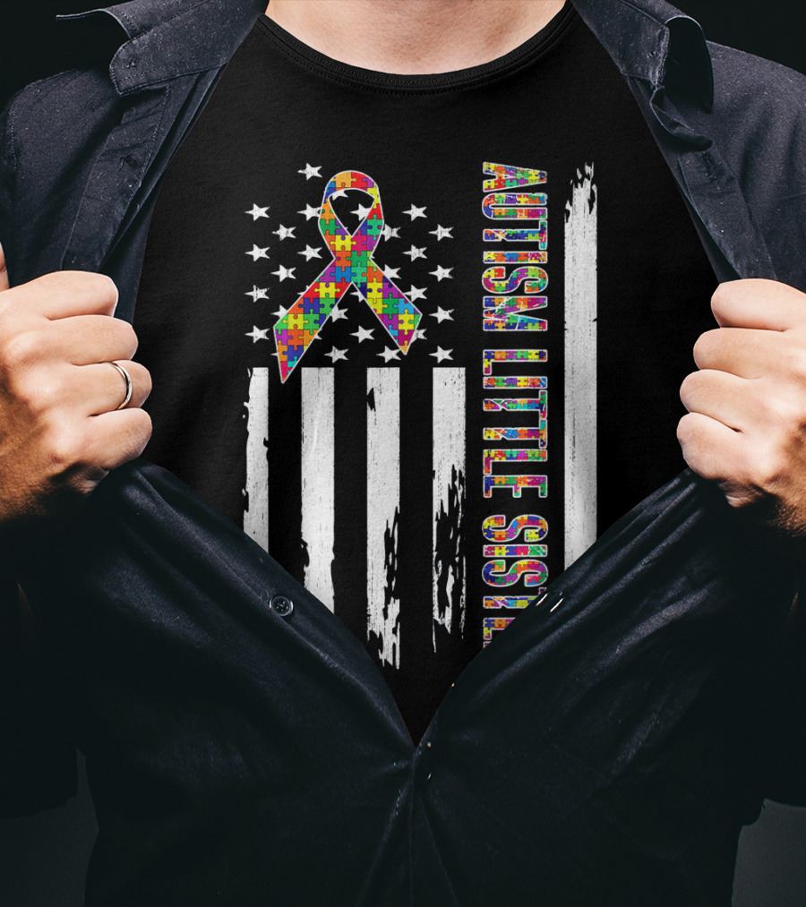 Autism Little Sister Puzzle Ribbon American Flag T-Shirt