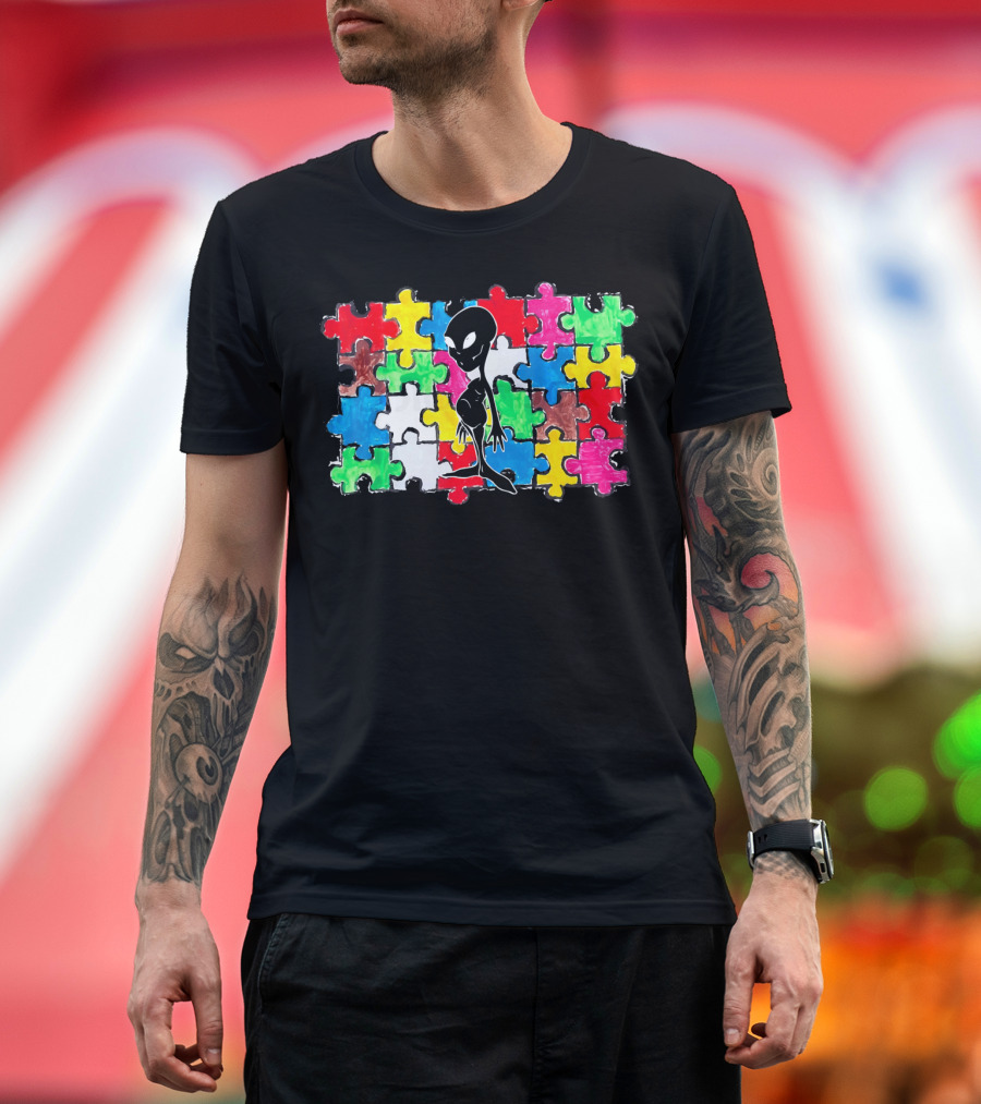 Alien UFO Autism Awareness Puzzle Piece T-Shirt