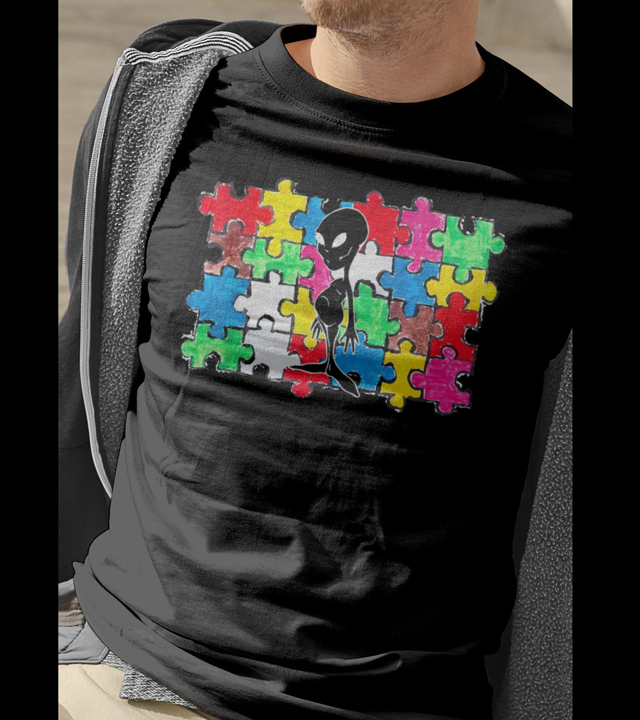 Alien UFO Autism Awareness Puzzle Piece T-Shirt