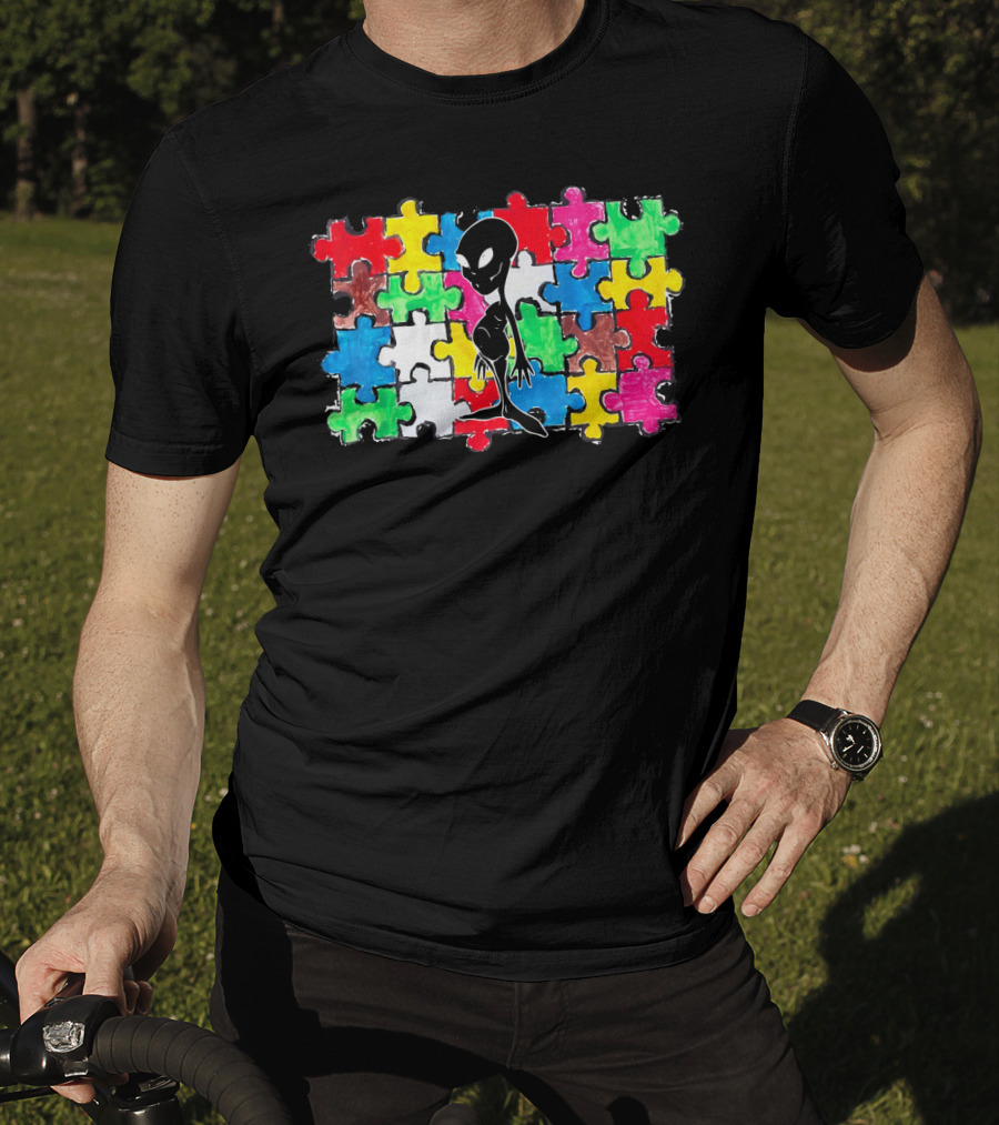 Alien UFO Autism Awareness Puzzle Piece T-Shirt