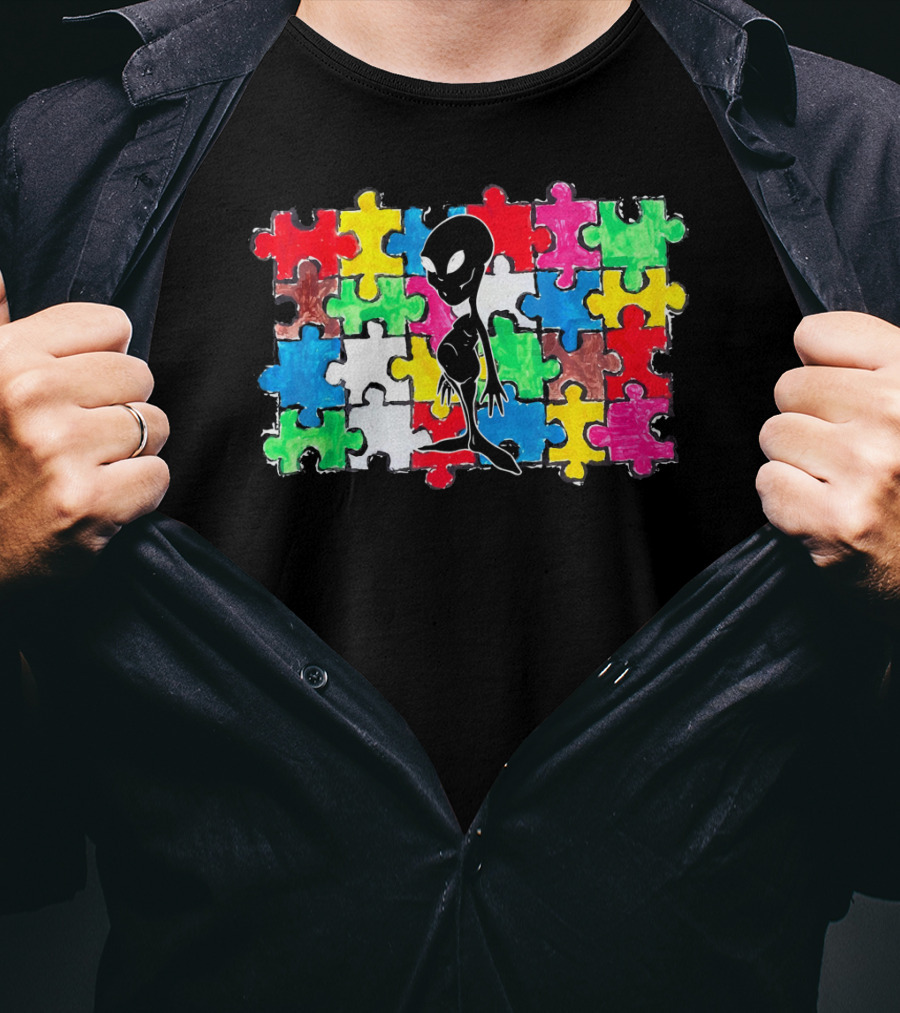 Alien UFO Autism Awareness Puzzle Piece T-Shirt