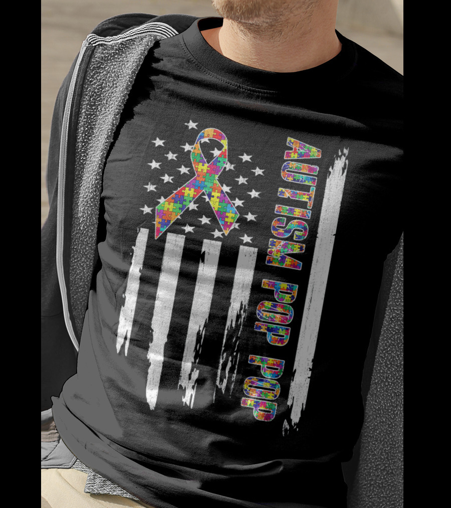 Autism Pop Pop American Flag Puzzle T-Shirt