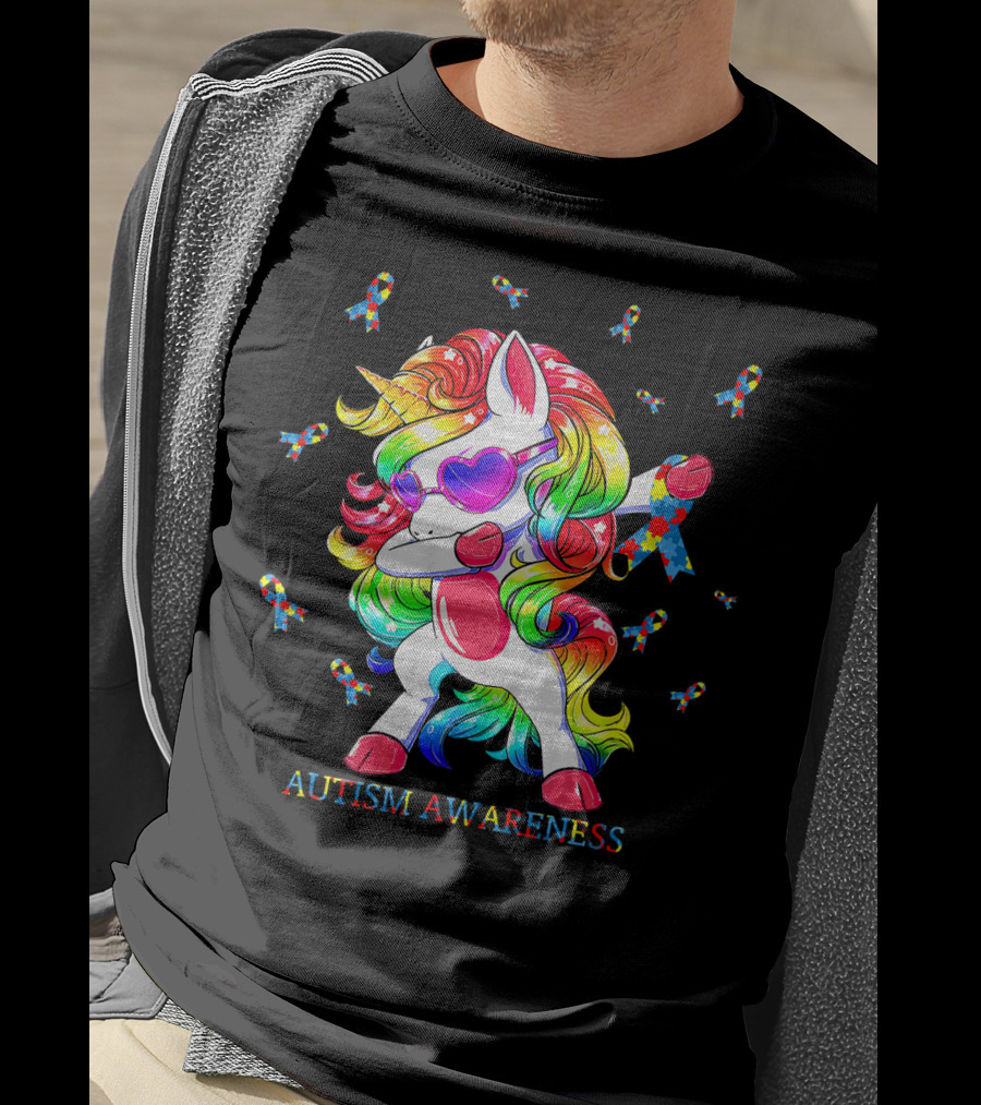 Autism Awareness Dabbing Unicorn Puzzle Ribbon T-Shirt