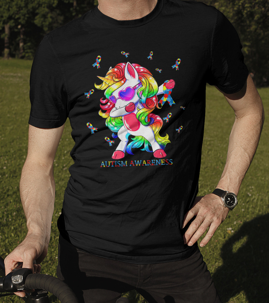 Autism Awareness Dabbing Unicorn Puzzle Ribbon T-Shirt
