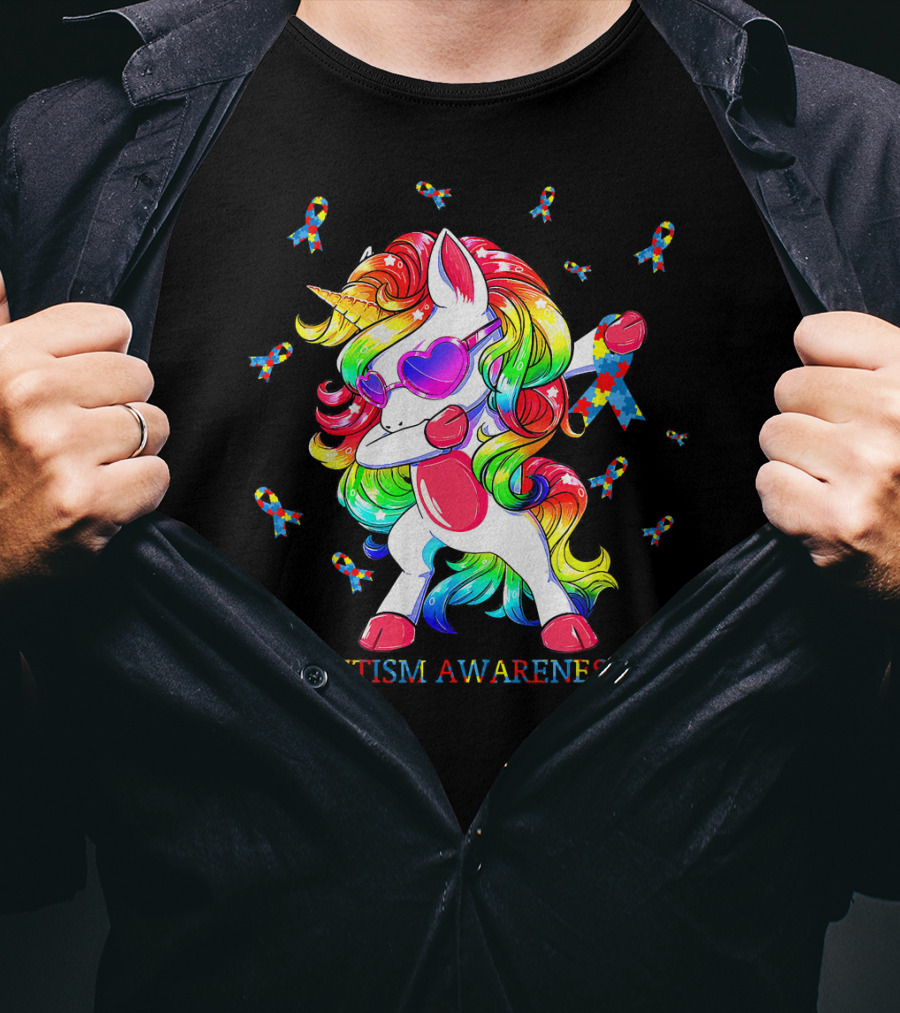 Autism Awareness Dabbing Unicorn Puzzle Ribbon T-Shirt