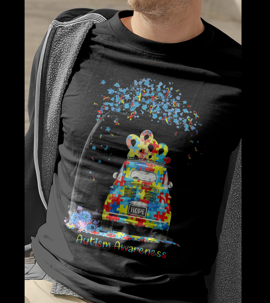 HOPE Hippie Van Puzzle Pieces Ribbon Autism Awareness T-Shirt