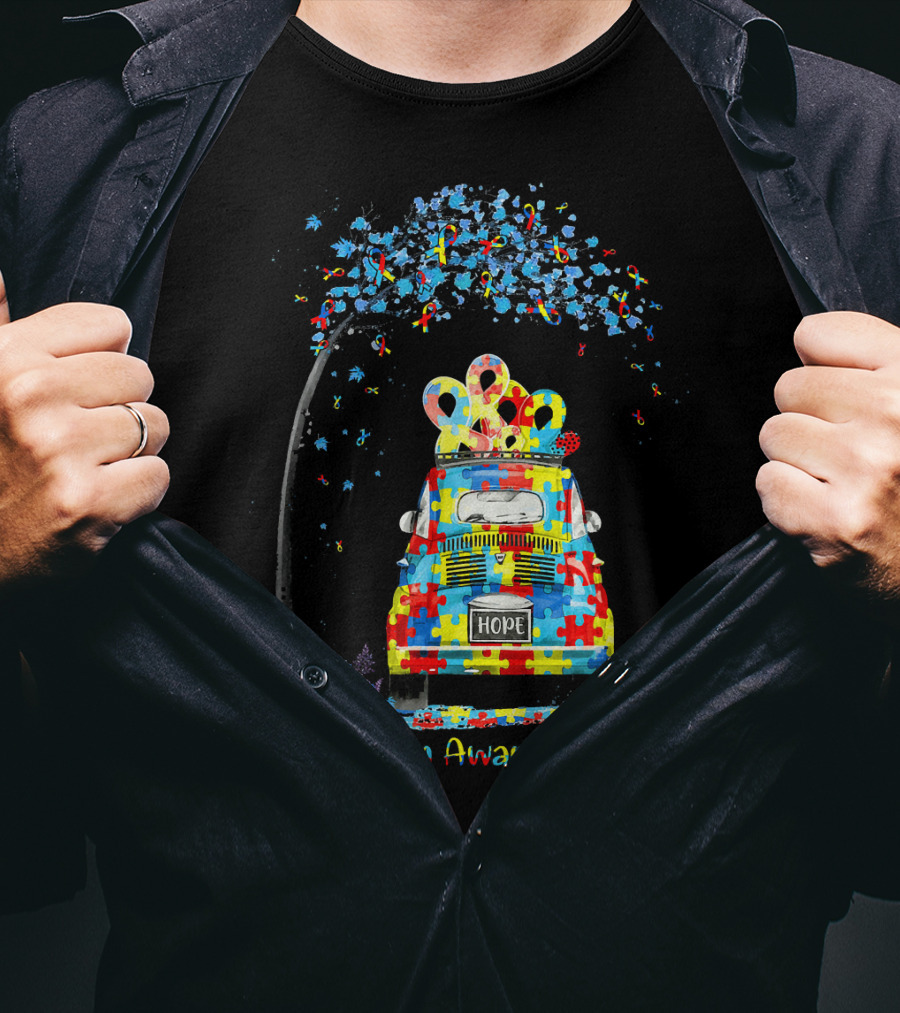 HOPE Hippie Van Puzzle Pieces Ribbon Autism Awareness T-Shirt